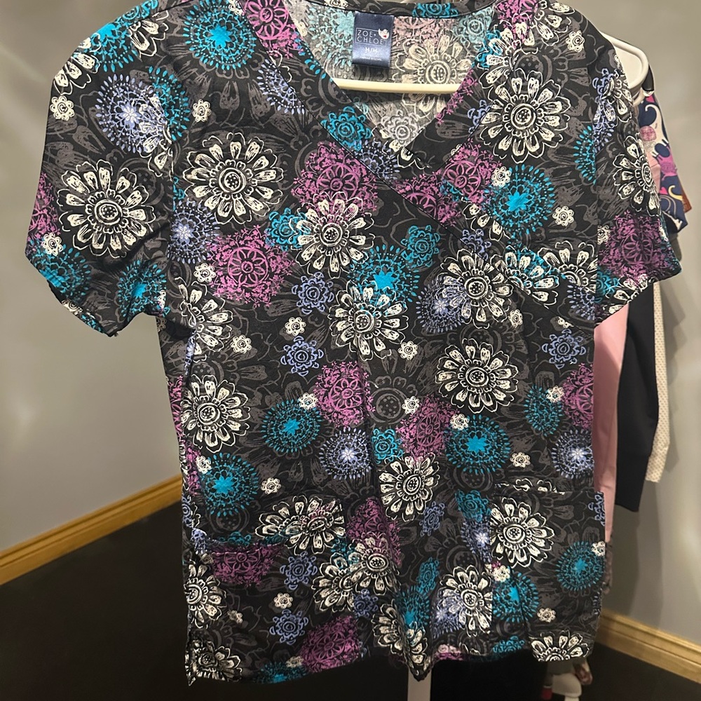Floral V-Neck Scrub Top in Black with Teal & Purple